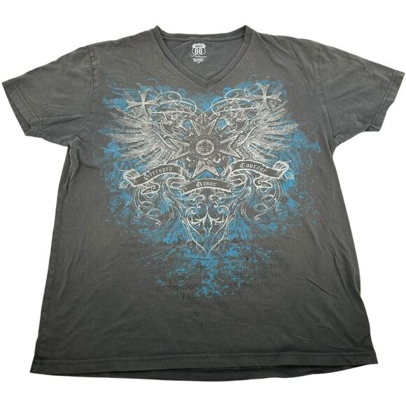 VTG Mens Grey Blue Route 66 Strength, Honor, Courage V Neck Graphic T Shirt Sz L - Picture 1 of 6
